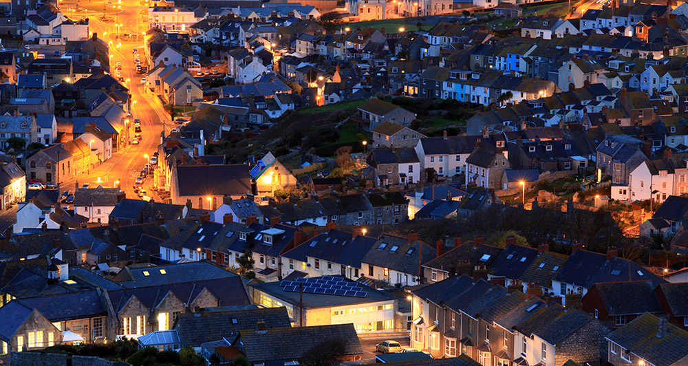 Houses and streetlights at night